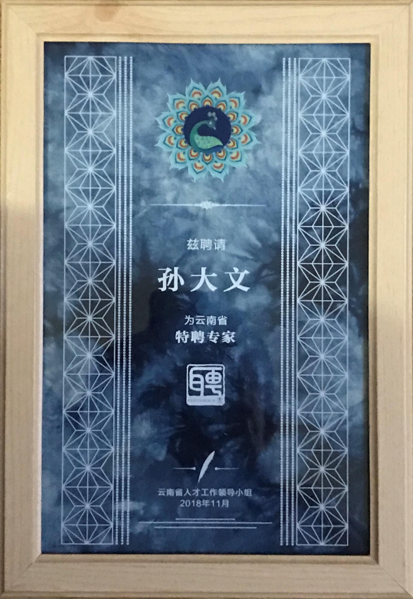 孙大文院士“云南省特聘专家”证书